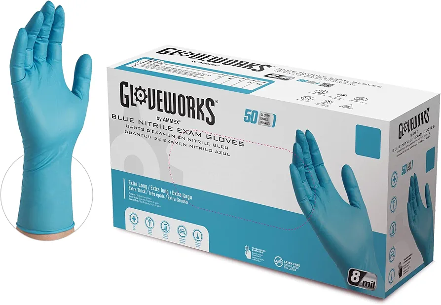 HD Medical Blue NitrileGloves - 8 mil, 12 inches Long, Latex Free, Powder Free, Textured, Disposable, Non-Sterile, Medium,GPNHD64100-BX, Box of 50