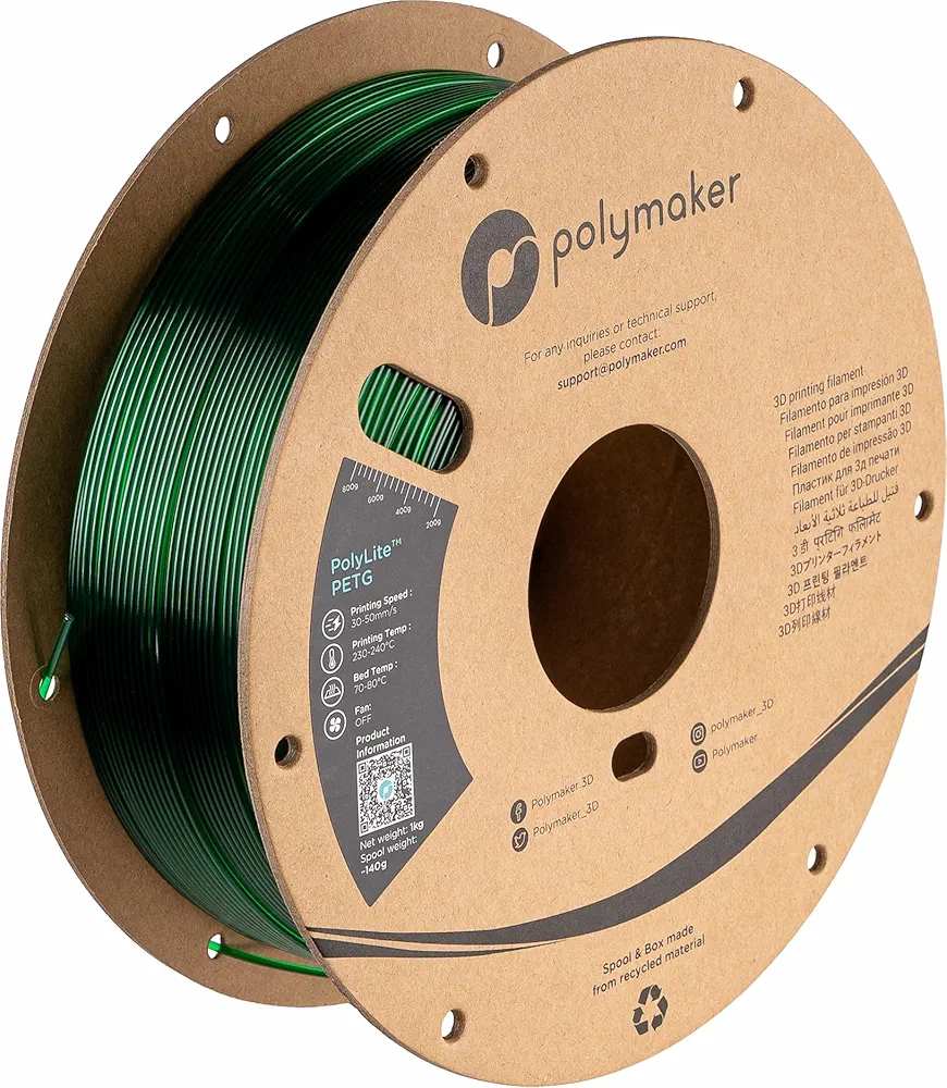 Polymaker PETG Filament 1.75mm, 1kg Strong PETG 3D Printer Filament Translucent Green - PolyLite PETG Green 3D Printing Filament 1.75mm, Dimensional Accuracy +/- 0.03mm, Print with Most 3D Printers