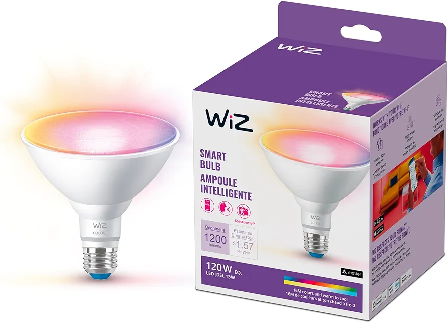 WiZ Connected 120W PAR38 Color LED Smart Light Bulbs - Connects to Your Wi-Fi - E26 Smart Bulb - Control with Voice or App + Activate with Motion - Matter Compatible - 1 Pack