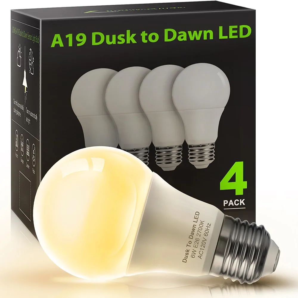 LOHAS Dusk to Dawn Sensor Light Bulbs, 40W Equivalent LED Outdoor Lighting, Warm White 2700K Automatic Photocell Light Bulb Outside, A19 6W Bright Porch Light Bulbs, 500LM E26 for Garage Patio,4 Pack