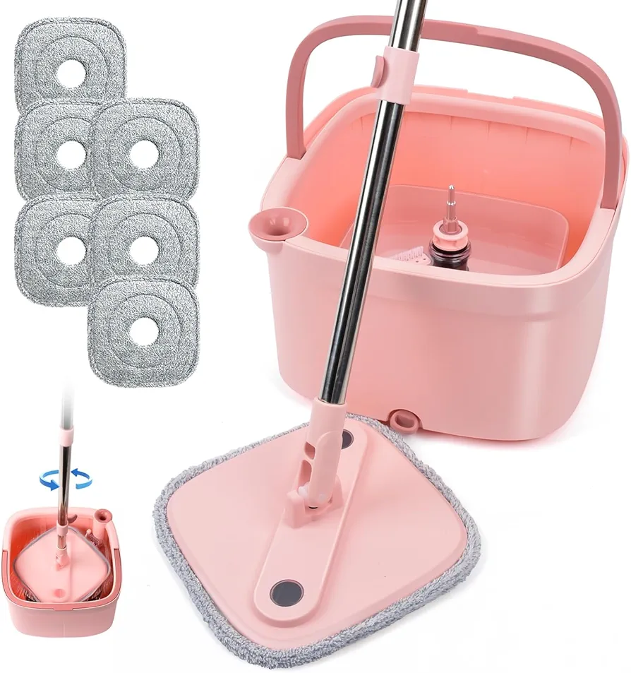 Spin Mop and Bucket Set with Self Separation Dirty and Clean Water System Self Wringing 360° Rotating Clean Mop-Head for Hardwood Tile Marble Floors- (Pink) (6pads)