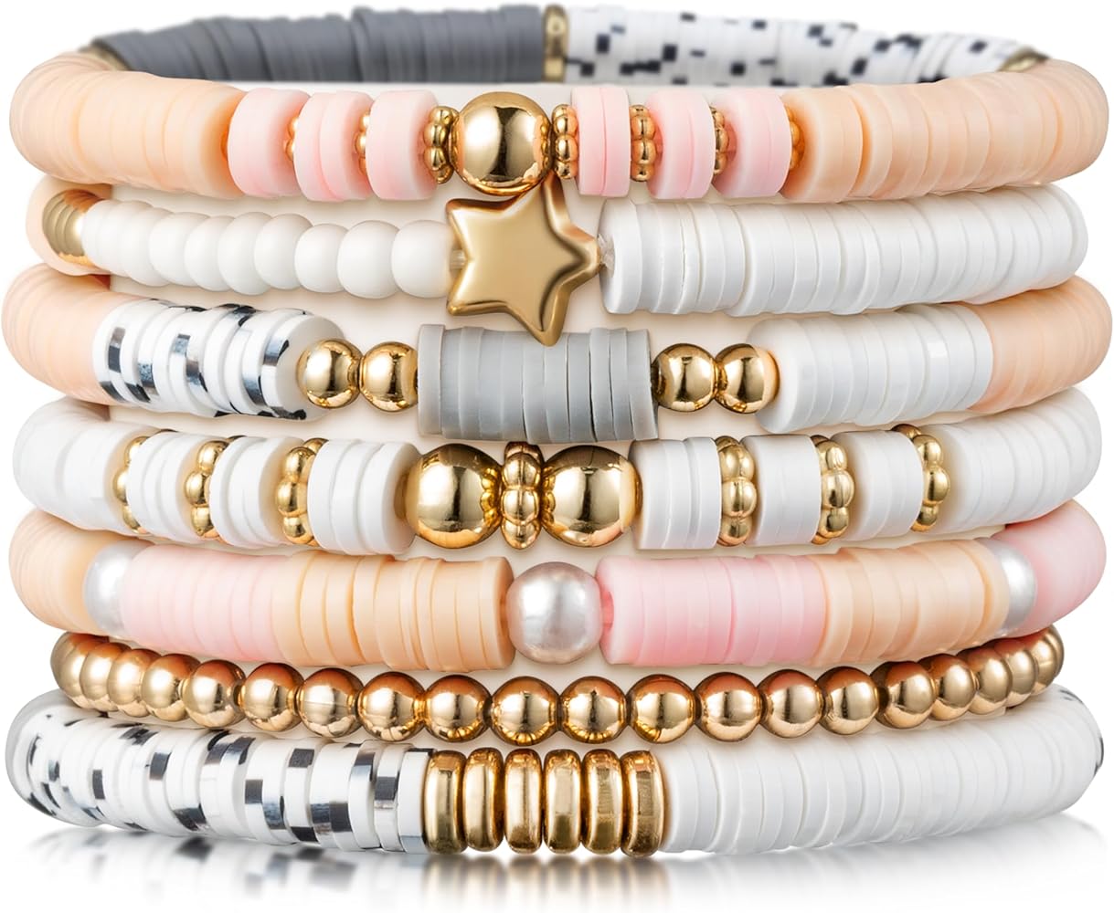 Y1tvei 7Pcs Heishi Surfer Bracelets Set Colorful Preppy Happy Smile Evil Eye Beaded Stretch Clay Stackable Boho Disc Y2K Kidcore Aesthetic Summer Beach Jewelry for Women Girls