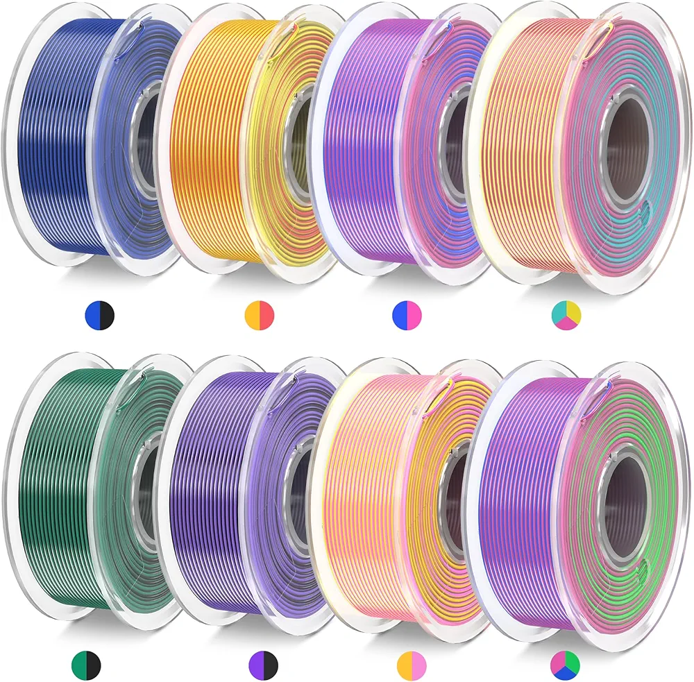 JAYO 3D Printer Filament Bundle, Dual Color Silk Filament Bundle Multicolor, Triple Color PLA Silk Filament, 250g Spool, 8 Rolls, 2kg in Total