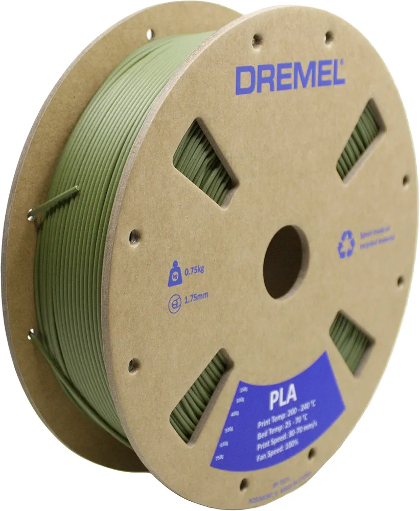 Dremel PLA-OLI-01 3D Printer Olive Green Filament - Matte Finish, 1.75 mm Dia., 0.75 kg Spool Weight, RFID Enabled, New Cardboard Spool