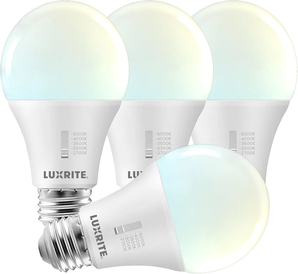 LUXRITE A19 LED Light Bulb 100 Watt Equivalent, CRI90, 5CCT Selectable 2700K 3000K 3500K 4000K 5000K, Dimmable, 1600LM, Standard LED Light Bulbs 15W, E26 Medium Base, ETL - Indoor Outdoor (4 Pack)