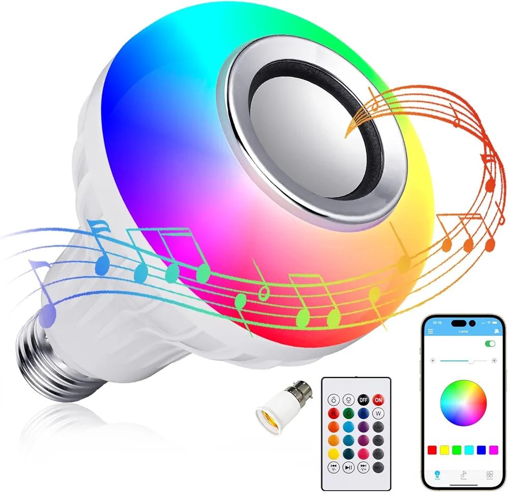 Lighting LED+ Color Changing Speaker LED Light Bulb with Remote Control and APP, Soft White, Comes with B22 Socket