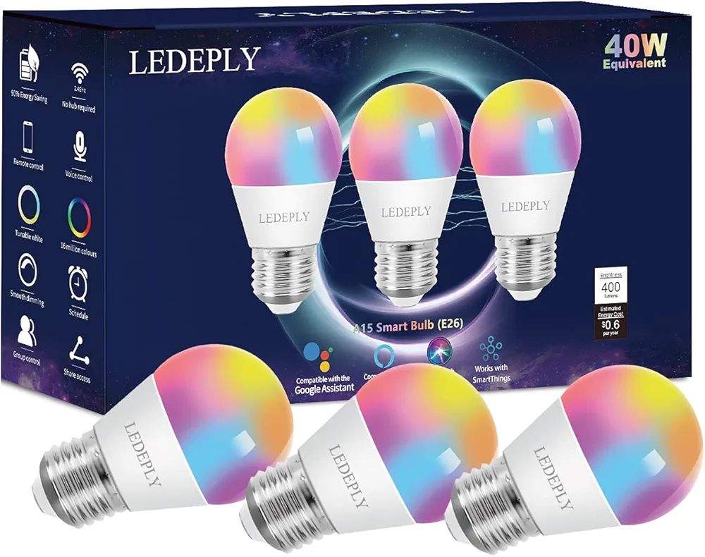 A15 LED Smart Bulb, Compatible with Alexa, Google Home, E26, 5W=40W, Color Changing, Dimmable WiFi Light Bulbs, No Hub Required, 3 Pack