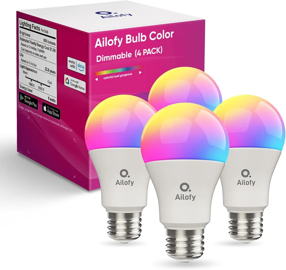 Ailofy LED Smart Light Bulbs, 16M Color Changing Dimmable, Works with Alexa & Google Assistant, RGBCW Colored Bulb, WiFi Light Bulbs, A19 E26, 9W 800LM, 1800K-6500K Tunable White, 4 Pack