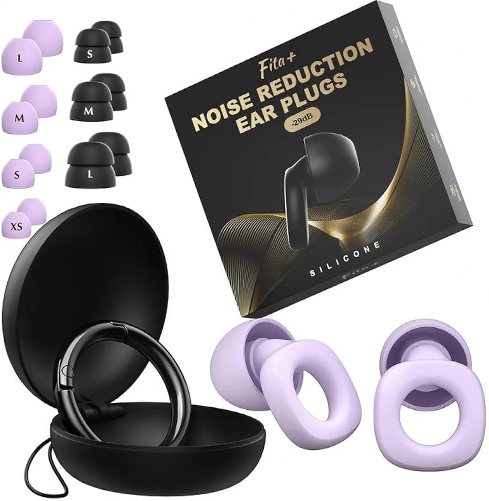 Fita+ Soft Silicone Ear Plugs for Sleeping, 7 Pairs XS/S/M/L, Noise Reduction Ear Plugs up to 33dB, Earplugs for Sleep, Work, Focus - Purple