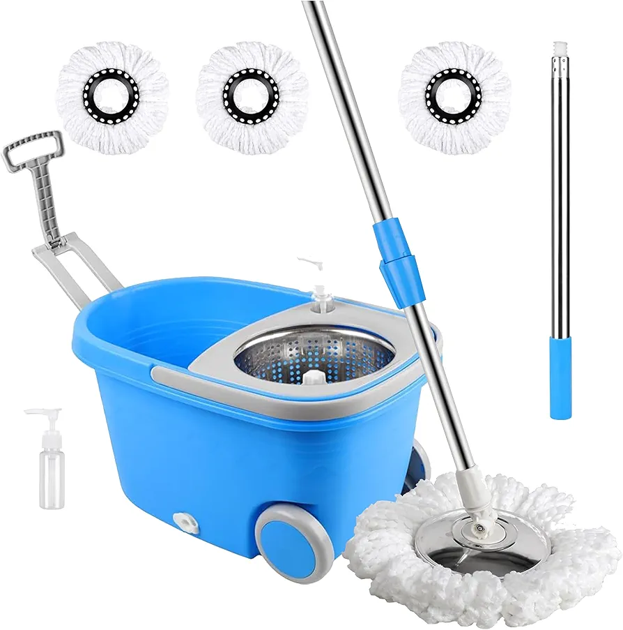 Mop and Bucket with Wringer Set for Home，360° Spin Mop and Bucket on Wheels and 3 Microfiber Mop Refills, Stainless Steel 61" Extended Handle Spinning Mop Bucket System for Floor Cleaning