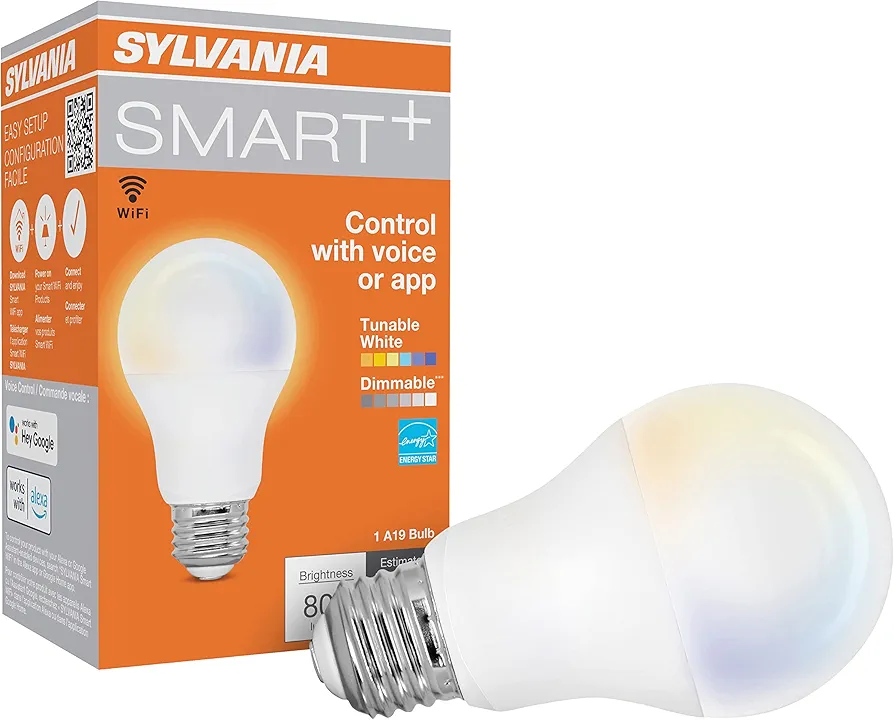 Sylvania WiFi LED Smart A19 Light Bulb, 9W Efficient, Tunable White, 2700K - 6500K, for Alexa/Google Assistant/Siri Shortcuts, Energy Star, Frosted - 1 Pack (75803)