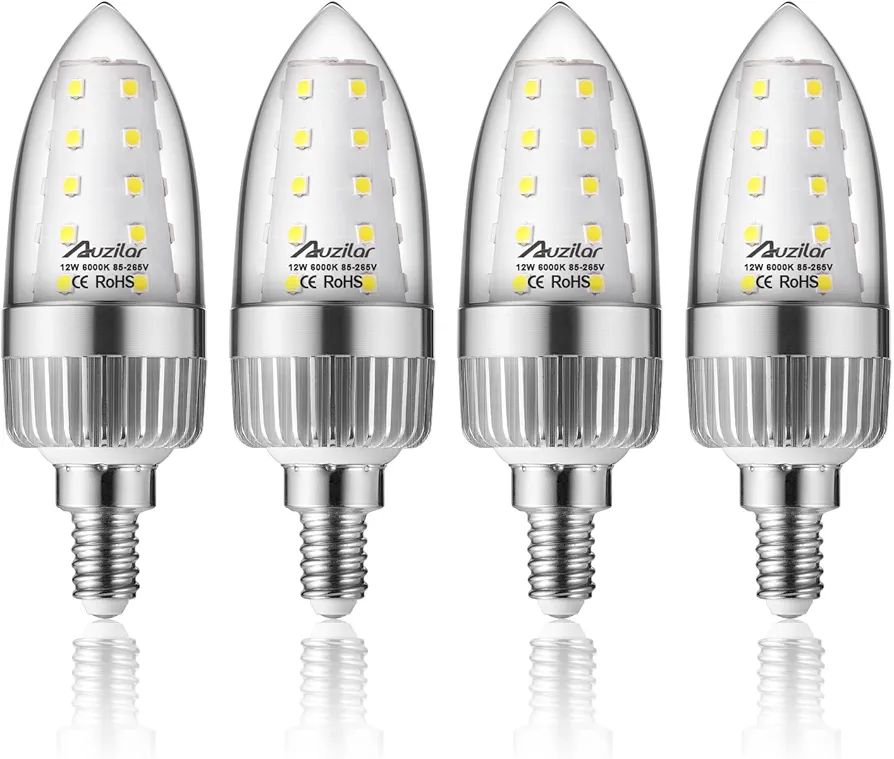 E12 LED Light Bulbs, 12W LED Candelabra Bulbs 100 Watt Equivalent, 1200LM, 6000K Daylight White Ceiling Fan Light Bulbs, Decorative Candle Base E12 Non-Dimmable LED Chandelier Bulbs,Pack of 4