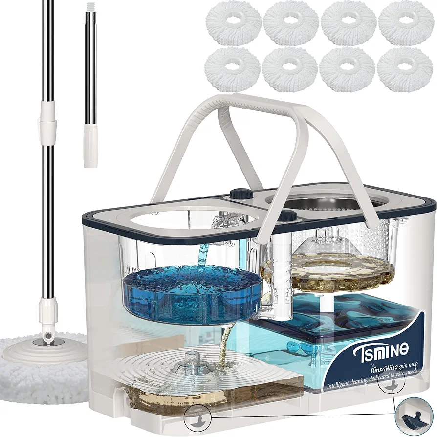 Spin Mop and Bucket System, Mop and Bucket Separate Clean and Dirty Water,4-Chamber Hardwood Floor Mop Household Cleaning Tools with 8 Microfiber Replacement Head Refill
