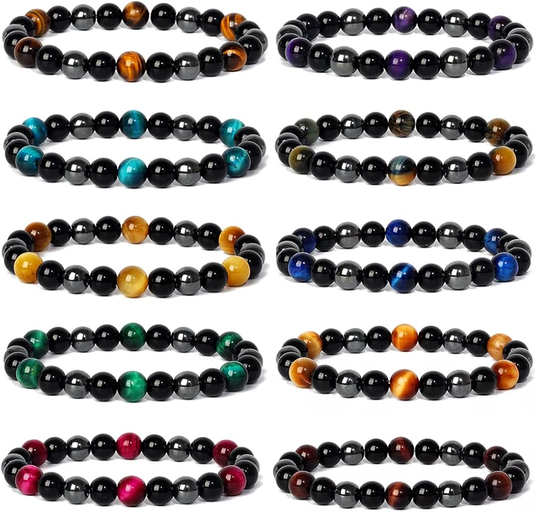 10 Pcs Triple Protection Bracelet Hematite Black Obsidian Tiger Eye Stone Beaded Bracelets for Men Women Stretch Bracelets