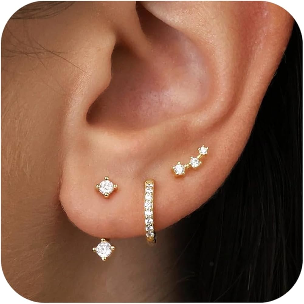 Gold Stud Earrings Set for Women, 3 Pairs Huggie Hoop Jacket Studs Earring Stack for Multiple Piercing, Hypoallergenic 925 Sterling Silver Post Dainty Birthstone Trendy Jewelry Gifts