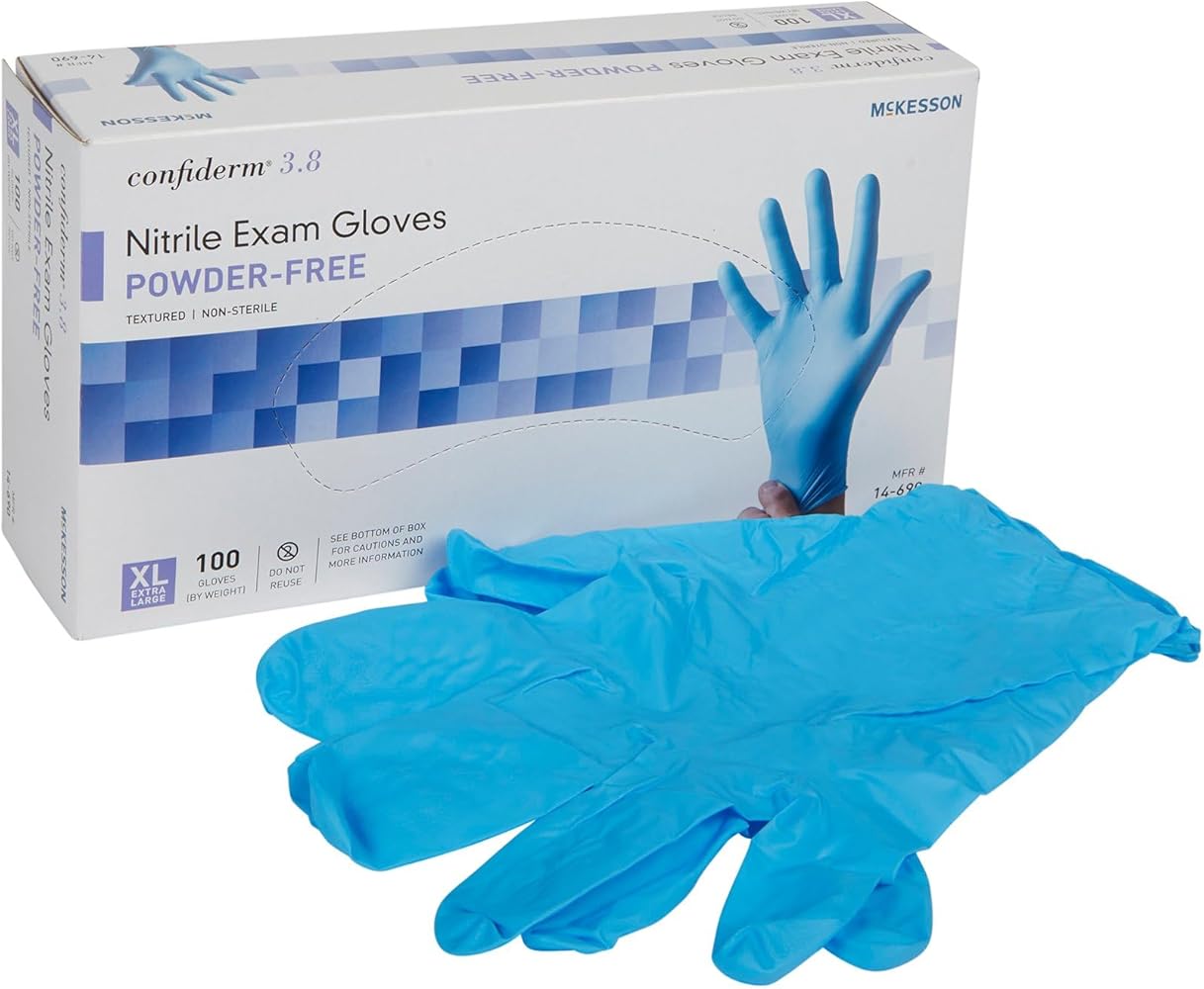 McKesson Confiderm 3.8C Nitrile Exam Gloves, Non-Sterile, Powder-Free, Blue, XL, 100 Count, 1 Box