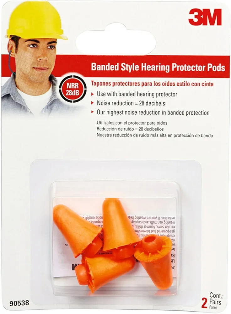 3M Replacement Pods for Banded Protector Model # 90537H1-DC, 2 Pairs (4 Total Pods), Noise Reduction Rating (NRR) 28 dB, Easy To Insert & Remove, Orange Ear Plug Replacements (90538-2-10DC)