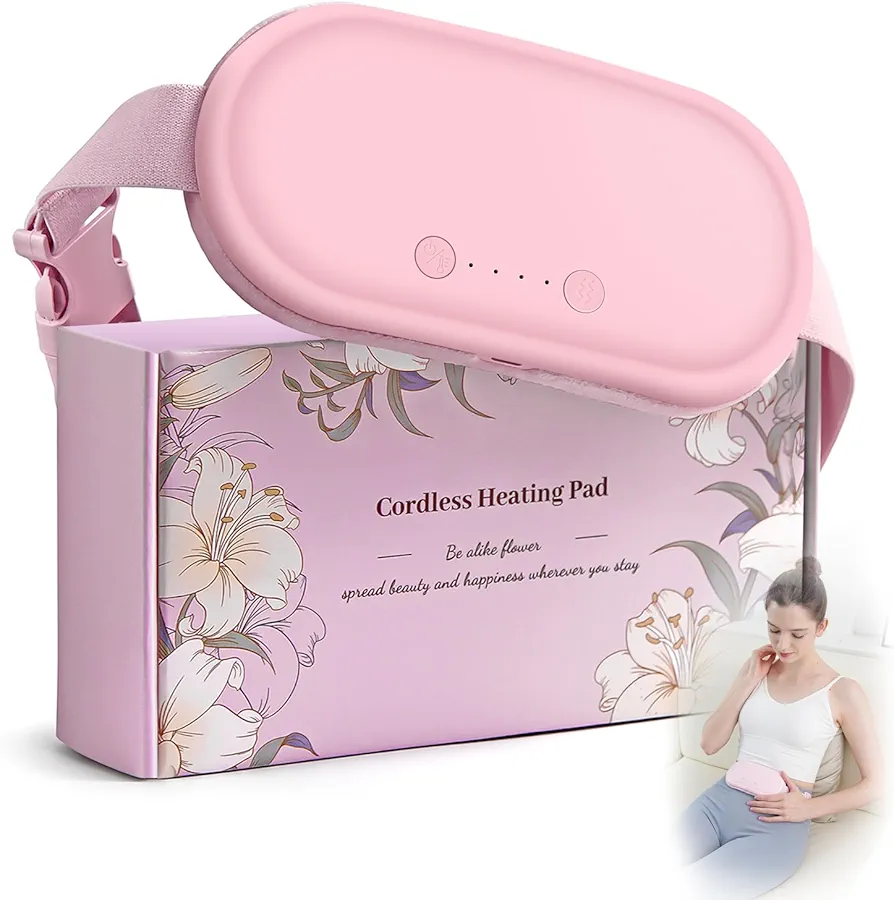 Portable Cordless Electric Heating Pad Wearable Vibrating Heating Pads with 4 Heat Levels and 4 Modes for Period Cramps, Back, Menstrual, Stomach Pain Relief-Pink
