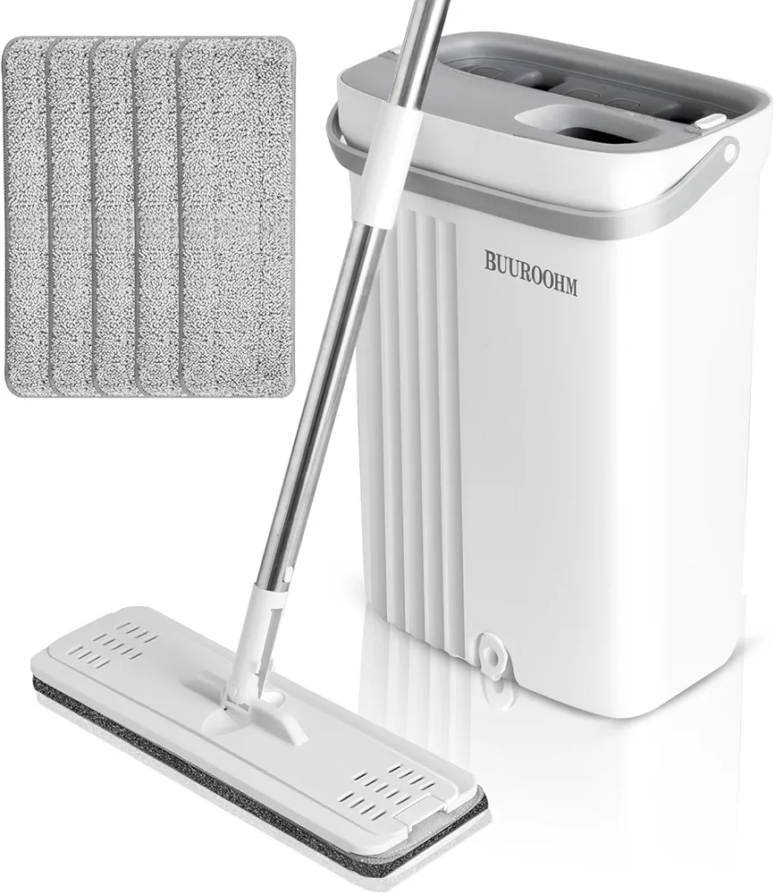 Mop and Bucket with Wringer Set for Home, Hands Free White Flat Squeeze Mop Bucket Set for all Floor Cleaning and Wall Cleaner with 3-Chamber System 6 Reusable Microfiber Pads and Long Handle