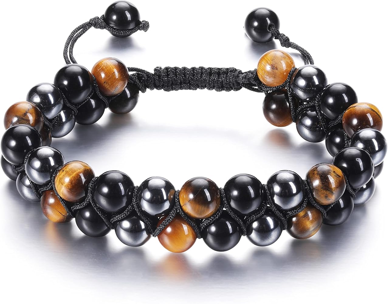 Jovivi 8mm/10mm Mens Natural Hematite Black Obsidian Tiger Eye Crystal Stone Bracelet Lava Rock Beads Anxiety Bracelets,Round Gemstone Healing Crystals Bracelet for Men Women Good Luck