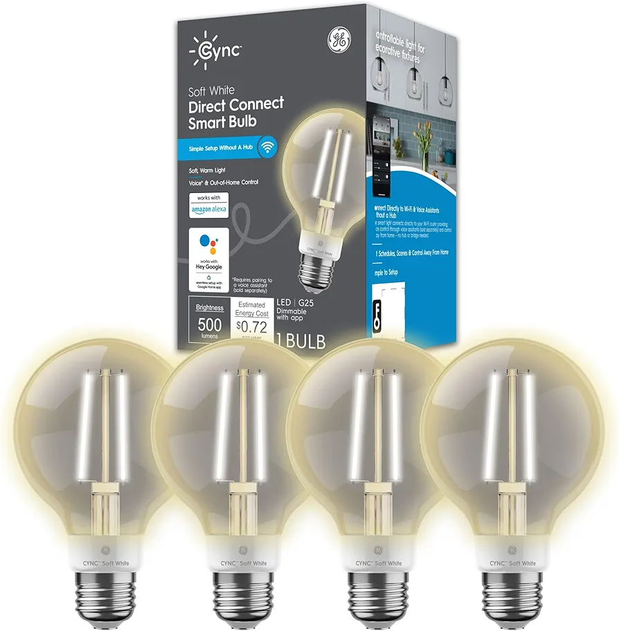 GE CYNC Smart LED Light Bulbs, G25 Globe Bulb, WiFi Light, Soft White, 60W Equivalent, Works with Amazon Alexa and Google Home (4 Pack)