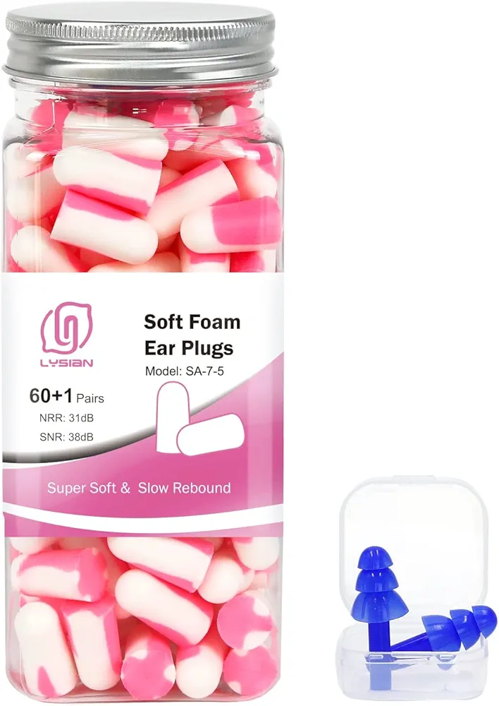 LYSIAN Ultra Soft Foam Sleep Earplugs, 38dB SNR Noise Reduction Ear Plugs for Sleeping, Mowing, Shooting-60 Pairs,Double Color Pink/White