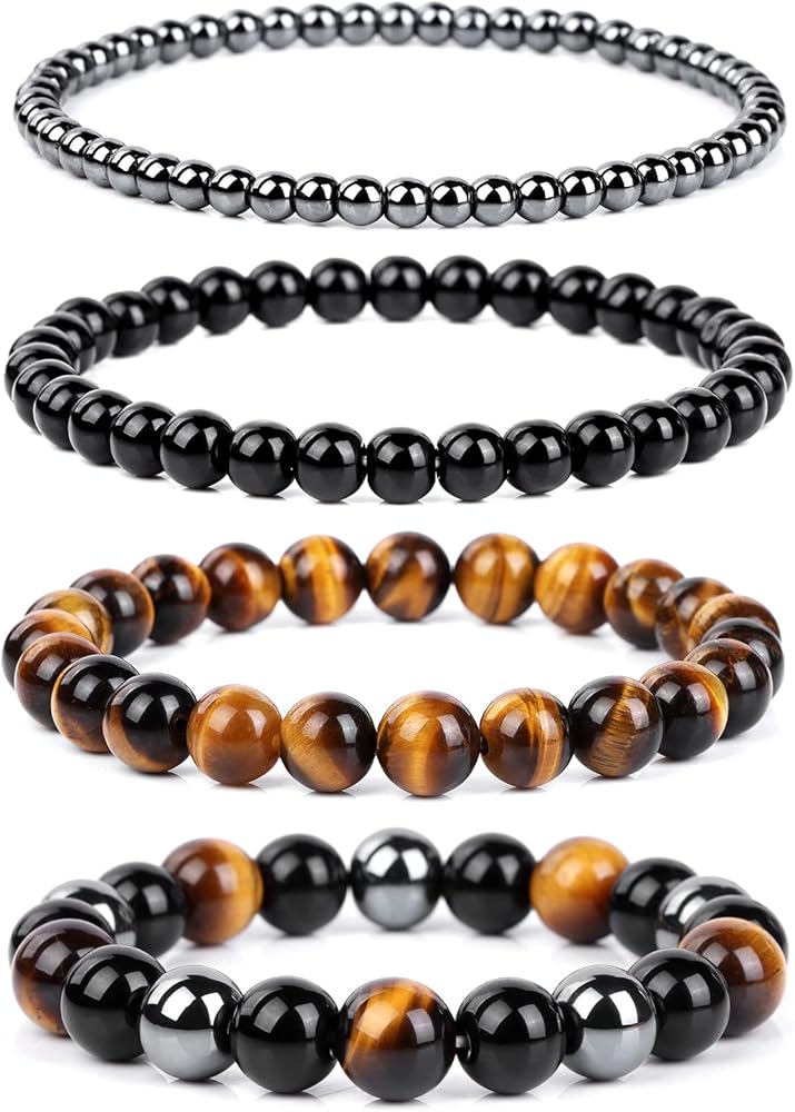 Triple Protection Bracelet,Genuine Tigers Eye Black Obsidian and Hematite Beads Bracelet for Men Women,Handmade Crystal Healing Bracelets Bring Luck and Prosperity and Happiness