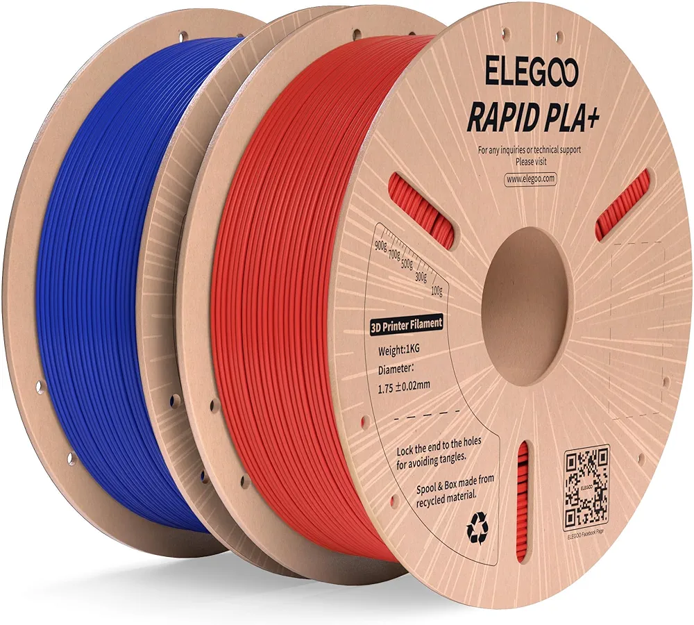 ELEGOO Rapid PLA Plus Filament 1.75mm Blue & Red 2KG, PLA+ 3D Printer Filament for 30-600 mm/s High Speed Printing, Dimensional Accuracy +/- 0.02 mm, 2 Pack 1kg Cardboard Spool(2.2lbs)