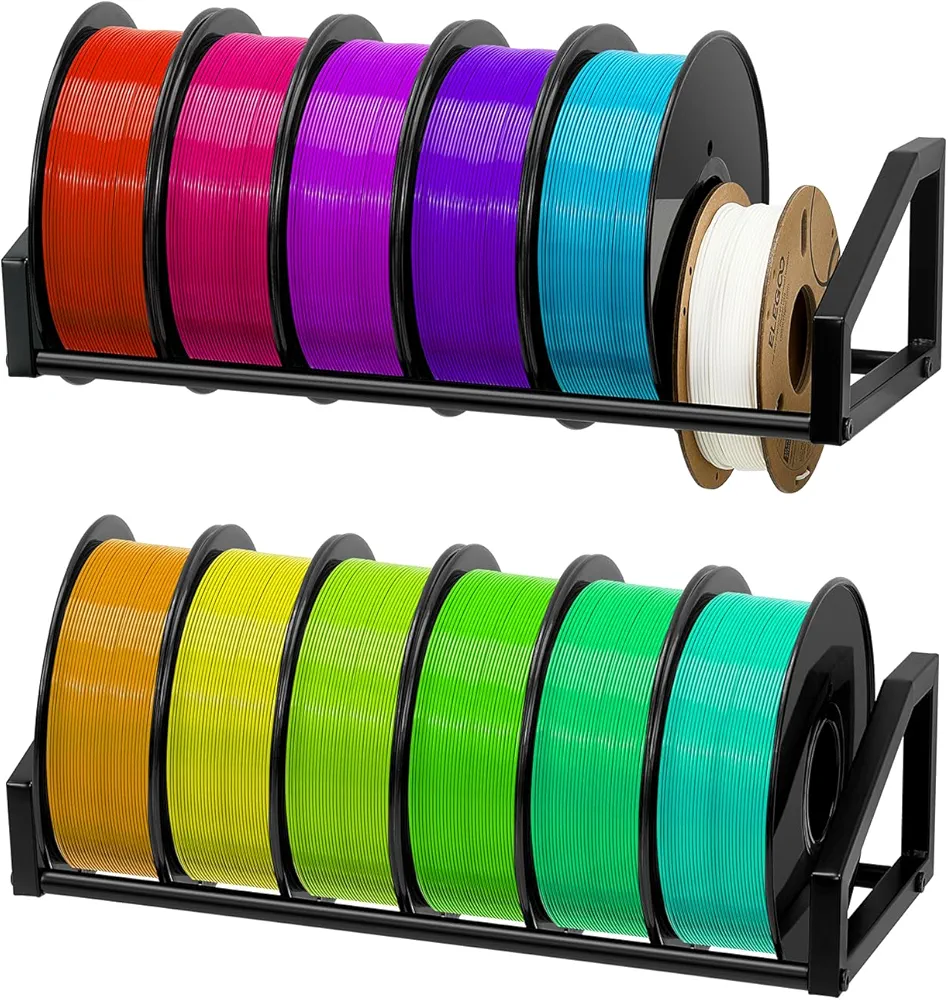 ikkle 3D Printer Filament Storage Rack - Wall Mounted Heavy Duty Filament Spool Holder, 2 Tier Metal Shelf Organizer for PLA, ABS, TPU, Nylon - Ideal for 3D Printing Workstation, Home Office, Workshop
