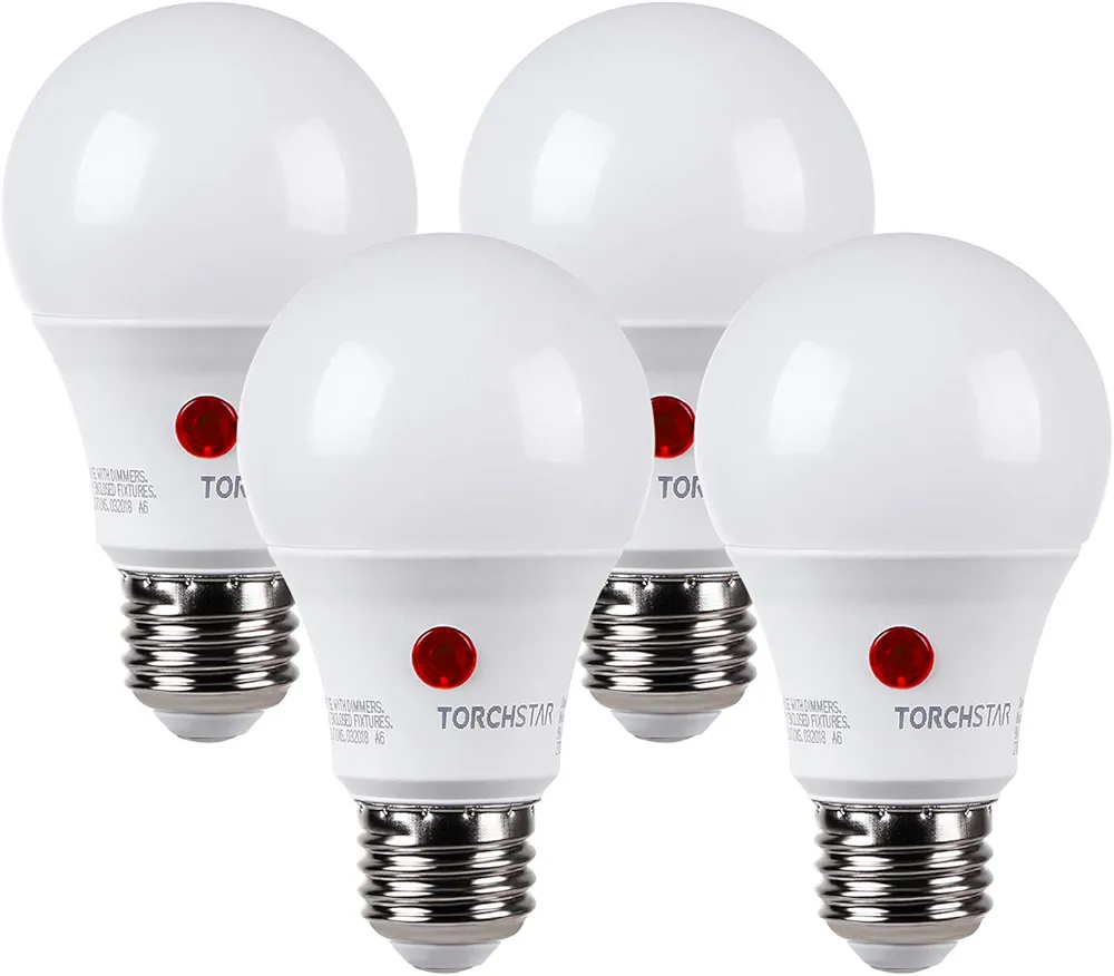 TORCHSTAR Dusk to Dawn Light Bulbs Outdoor, Sensor A19 LED Light Bulb, Auto on/Off Photocell Automatic for Outdoor Lighting, 5000K, Pack of 4