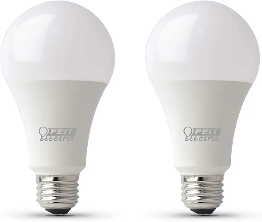 Feit Electric A19 100W Equivalent LED Light Bulbs, Dimmable, 5000k Daylight, 1600 Lumens, 22 Year Lifetime, E26 Base, CRI 90, UL Listed, Damp Rated, 2 Pack, OM100DM/950CA/2