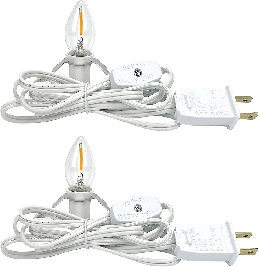 2 Accessory Cord with 2 Led Light Bulb 6 Ft White Cord with On/Off Switch Plugs e12 Candelabra LED Light Bulbs and Clips for Halloween Christmas Decorations Craft Village House Decoration