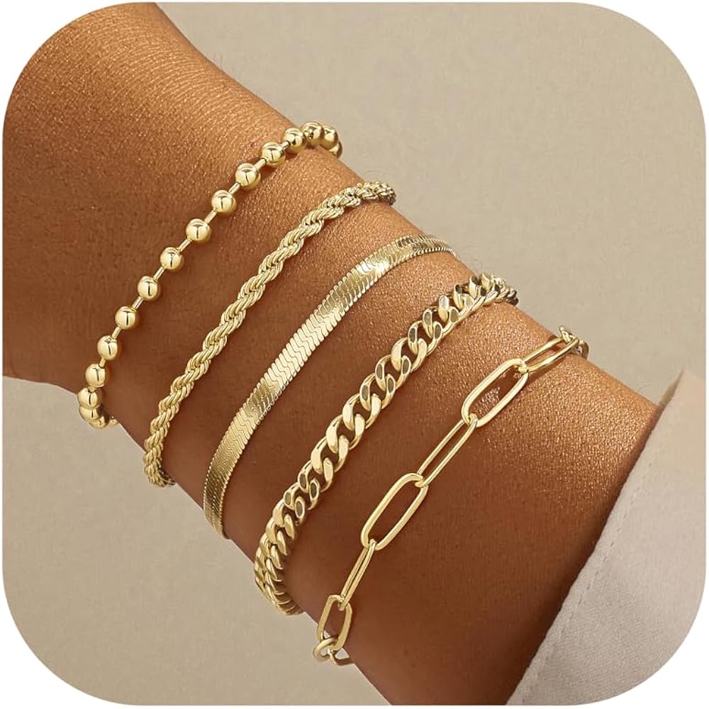 Gold Bracelets for Women,Dainty Bracelets Set for Women Trendy, Gold Bracelets Stack With Beaded, Cuban, Paperclip, Heart, Snake, Rope, Pearl, Cross, Hand Chain, Silver Jewelry Gifts for Women Christmas