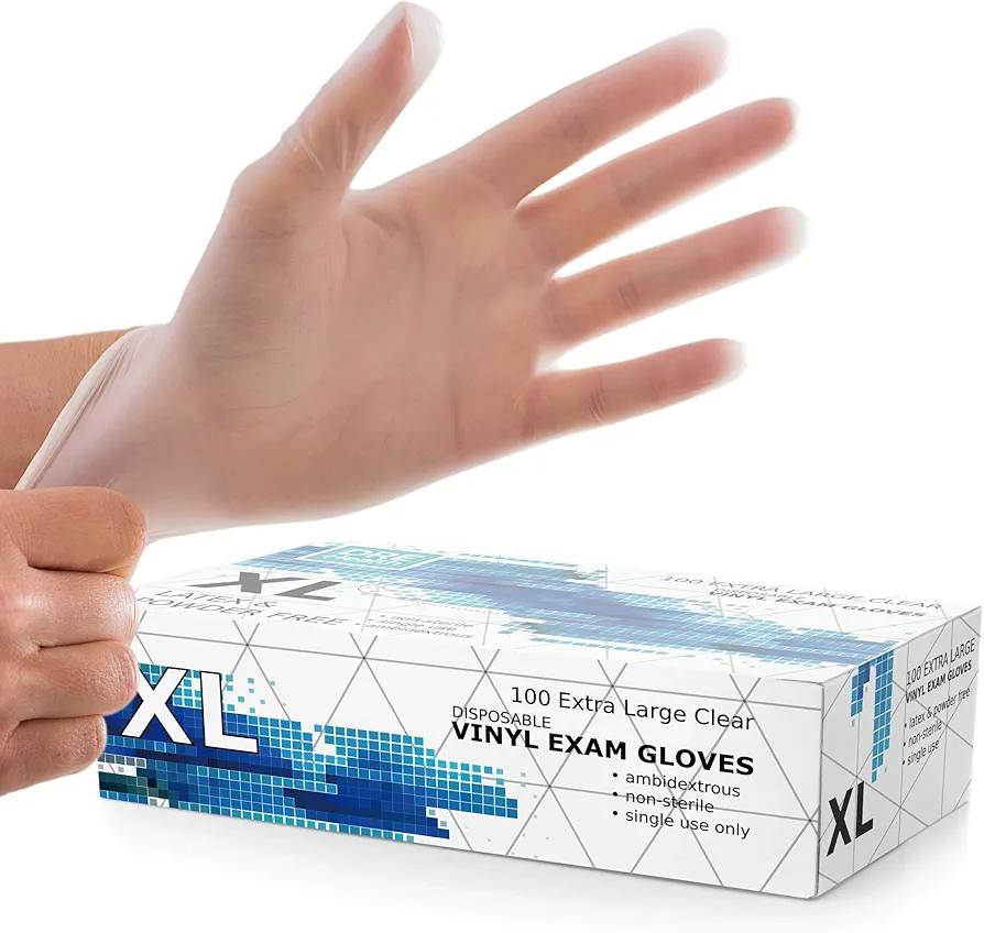 Powder Free Disposable Gloves X Large -100 Pack -Clear Vinyl Medical Exam Gloves