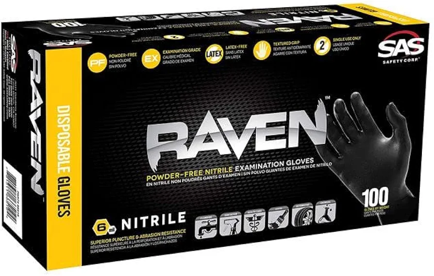 SAS Safety 66518 Raven Powder-Free Disposable Black Nitrile 6 Mil Gloves, Large, 100 Gloves by Weight - 3 Pack (66518 x3)