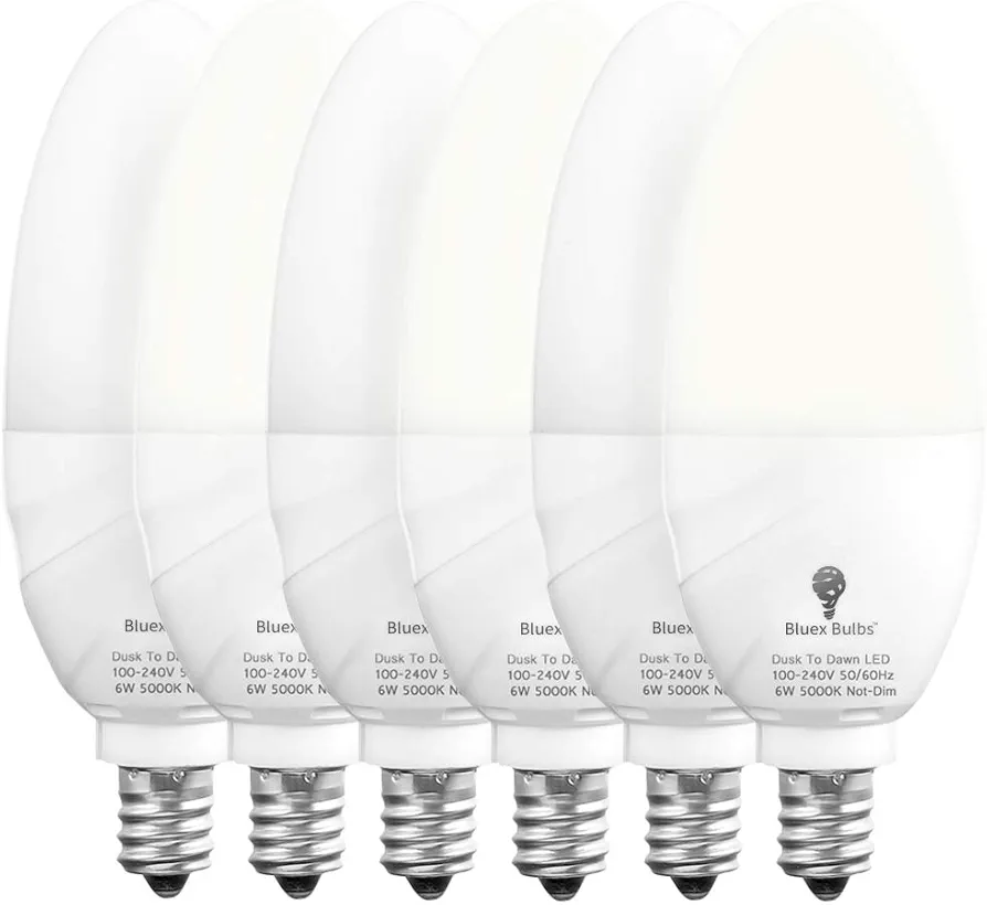 6 Pack BlueX Dusk to Dawn LED Bulbs, 6W E12 Base Light Bulb - 65W Equivalent – 5000K Daylight White - Smart Light Sensor Candelabra Bulb, Home Security Driveway, Yard, Porch Lighting