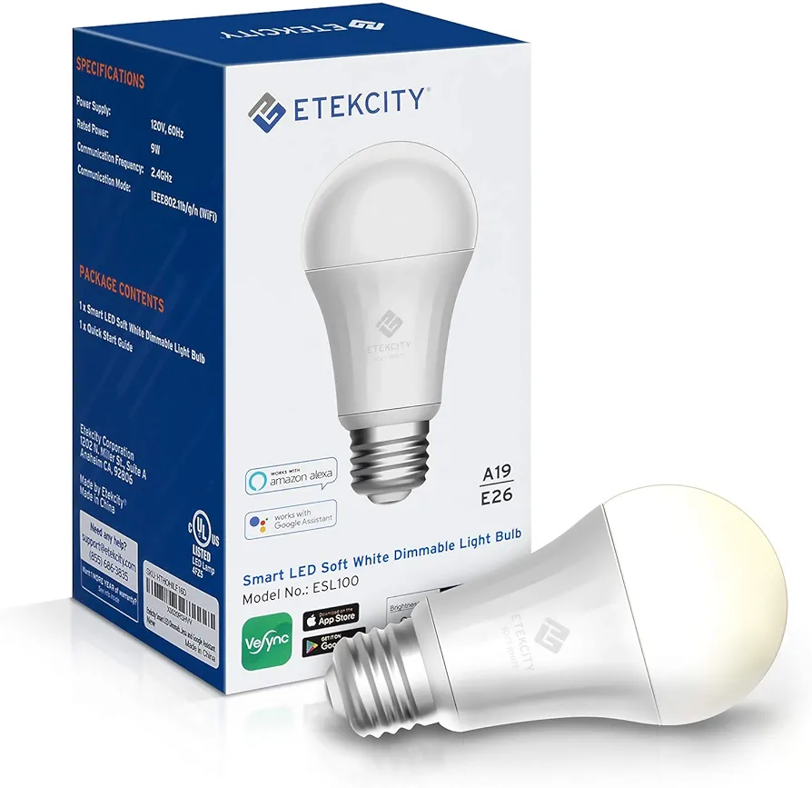 Etekcity ESL100 Smart Light Bulb That Works with Alexa, Google Home and IFTTT, 1 Count (Pack of 1), Soft White 2700K 806LM, 9W (60W Equivalent), No Hub Required