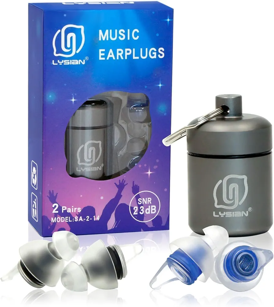 LYSIAN High Fidelity Concert Ear Plugs for Music- 2 Pairs Reusable Musicians Earplugs for Noise Cancelling, Concert Festivals, Drummers, DJS, Raves, Games -23dB