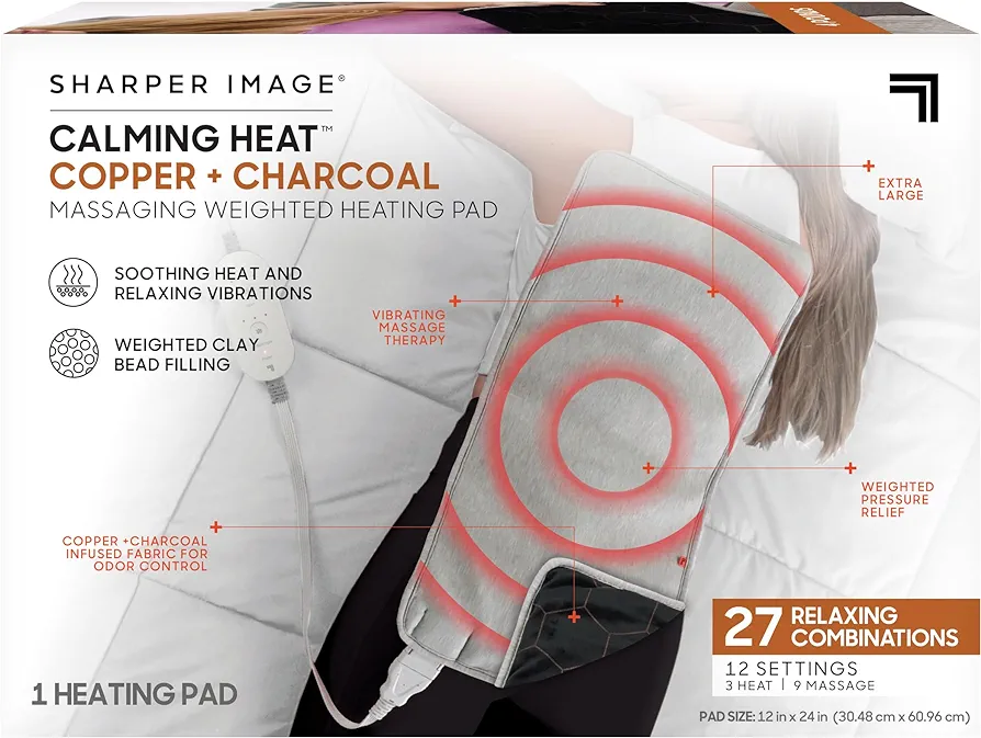Calming Heat Copper + Charcoal Massaging Heating Pad by Sharper Image- Weighted Electric Heating Pad with Vibrations, Auto Off, 12 Settings- 3 Heat, 9 Massage- 27 Relaxing Combo, 12” x 24", 4 lbs