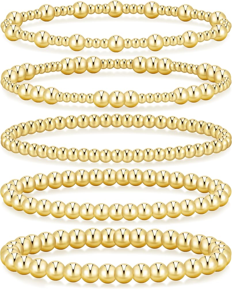 Dodder Gold Beaded Bracelet for Women, 14K Gold Plated Strand Stretch Bracelet Stack, Elastic Bead Bracelet Set