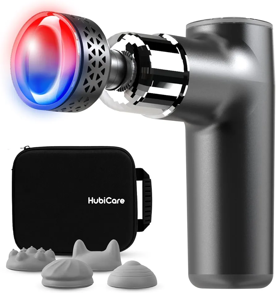 HubiCare Heat and Cool Massage Gun, Deep Tissue Impact Massager for Pain Relief, Muscle Handheld Therapy Gun, with Level 8 Intensity-Control Modes, 4 Replaceable Massage Heads