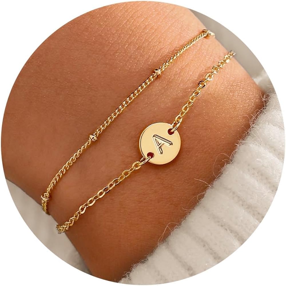 MONOZO Gold Initial Bracelets for Girls Women Trendy - Dainty Gold/Silver Plated Layered Beaded Initial Bracelet Disc Monogram Bracelet Gold Bracelets for Women Teen Girls Gifts Trendy Stuff