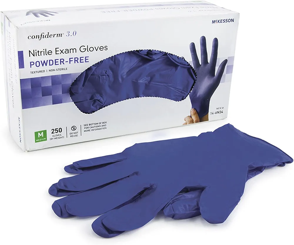 McKesson Confiderm 3.0 Nitrile Exam Gloves - Powder-Free, Latex-Free, Ambidextrous, Textured Fingertips, Non-Sterile - Dark Blue, Size Medium, 250 Count, 1 Box