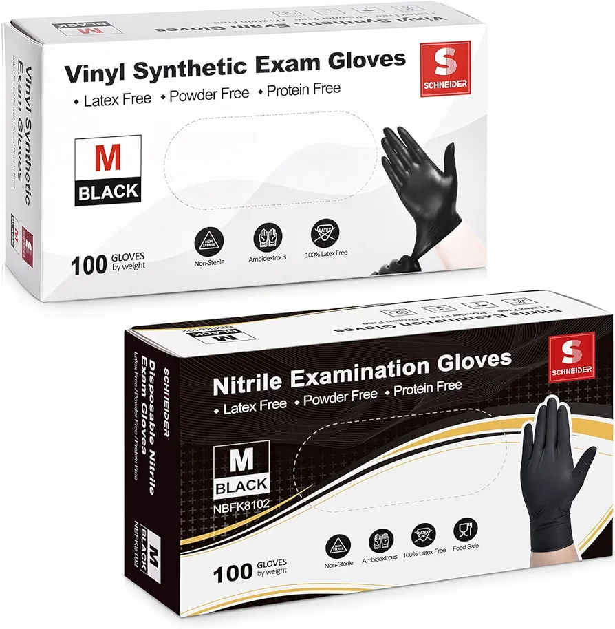 Black Vinyl Exam Gloves 4 mil 100-ct Box + Thicker Nitrile Exam Gloves 5 mil 100-ct Box(Medium)
