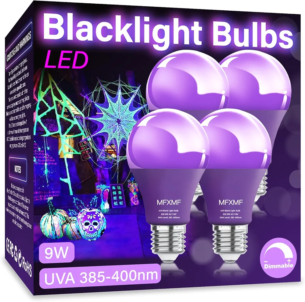 4 Pack A19 LED Black Light Bulbs,9W (100W Equivalent) E26 Base Dimmable Black Lights, UVA Level 385-400NM, Halloween Light Bulbs，Glow in The Dark，Fluorescent Poster, Body Paint,Neon Glow Party