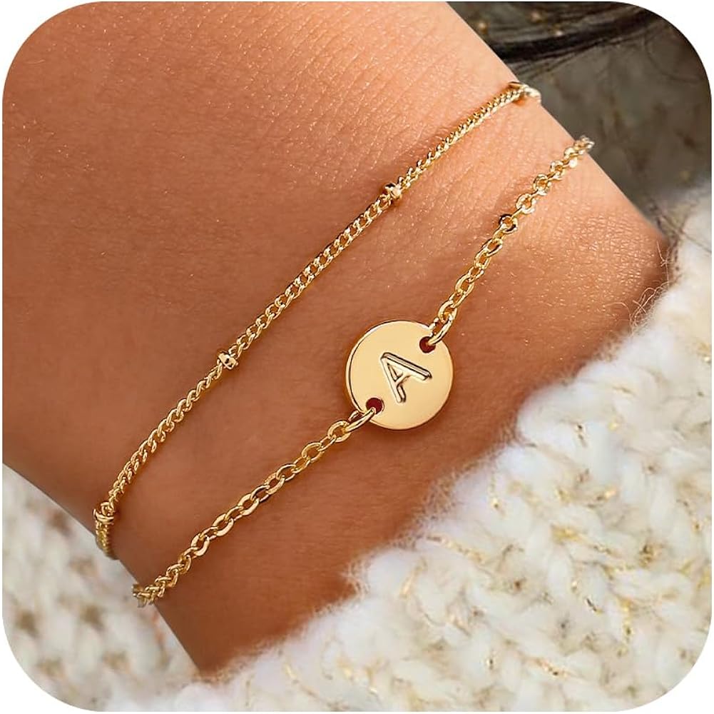 Gold Bracelets for Women Girls Gifts - 18K Gold Plated Letter Initial Bracelet Dainty Disc Monogram Charm Initial Bracelet Gold Initial Bracelets for Women Girls Gold Jewelry Gifts