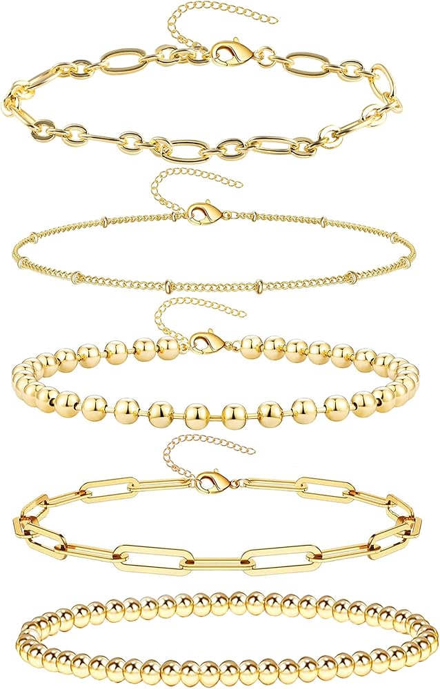 14K Gold Chain Bracelets Set for Women, Dainty Gold Paperclip Link Bead Bracelet Stackable Layered Bracelets Metal Fashion JewelryBracelets Metal Fashion Jewelry