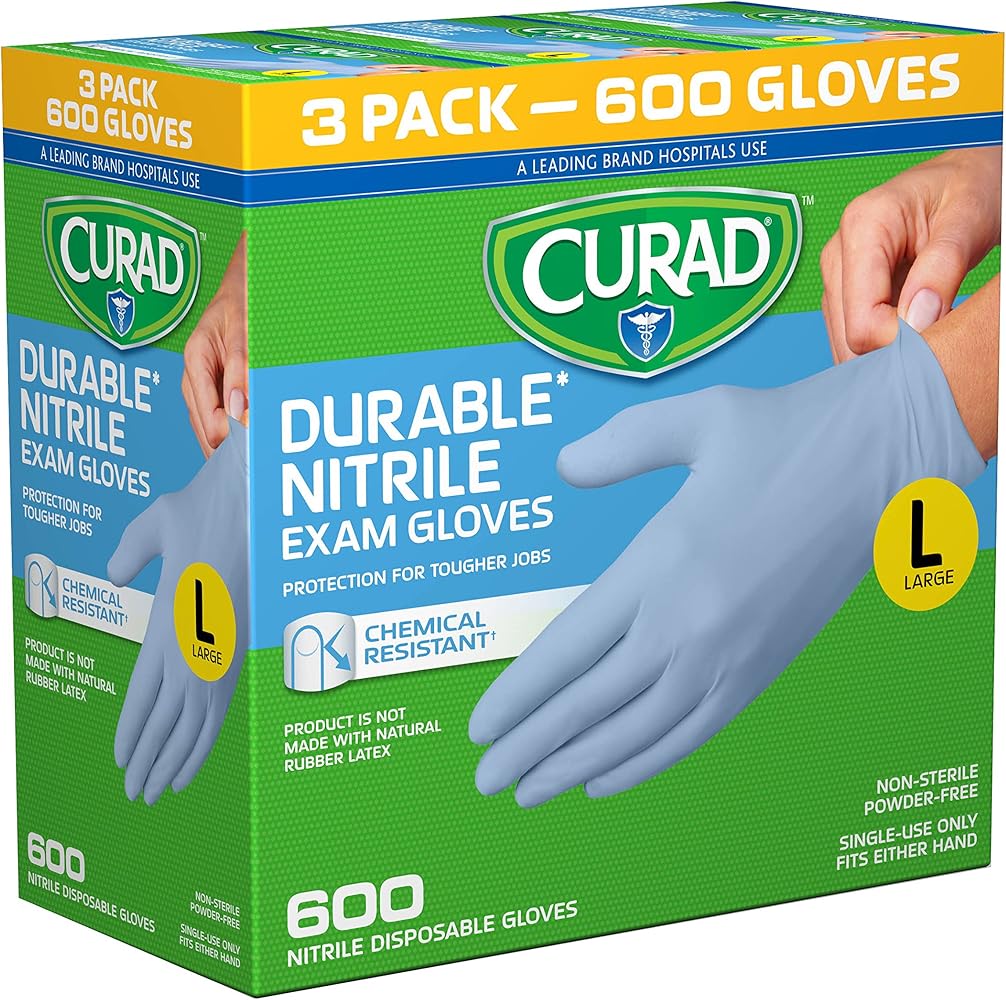 Curad Nitrile Exam Gloves, Durable, Powder Free, Chemical Resistant, Large, 600 Count, Color May Vary