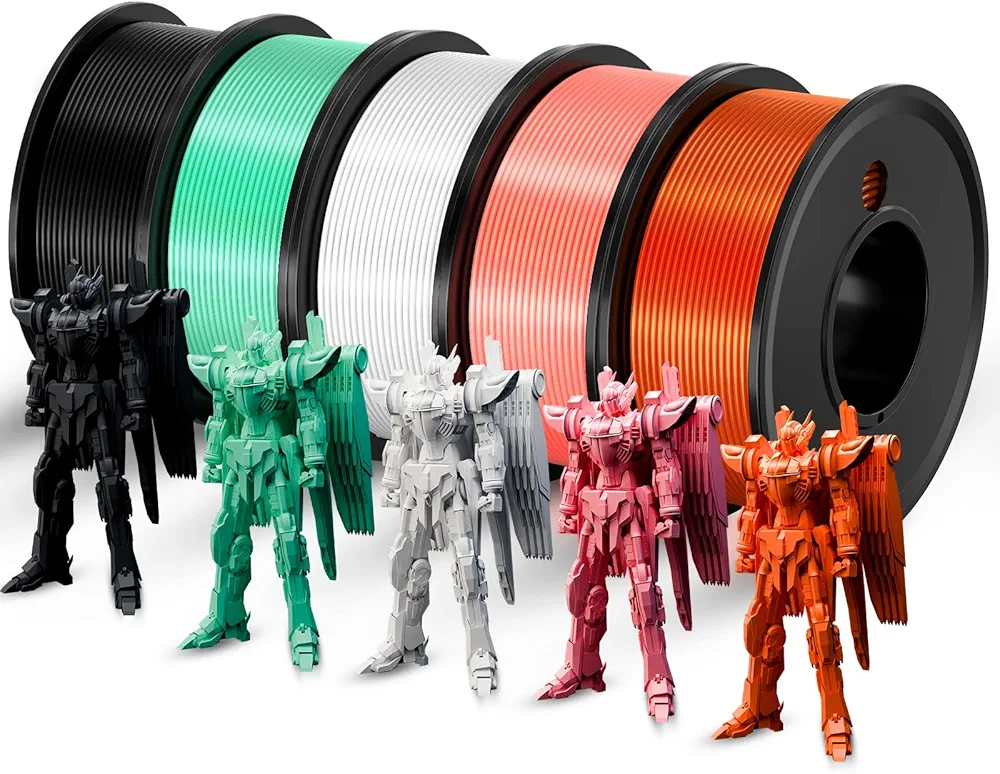 3D Printer Filament PLA - 5 Colours Printing Filament White/Black/Green/Orange/Pink Dimensional Accuracy 1.75mm ±0.02mm Filled Filament Spools Vacuum Pack 250G X 5