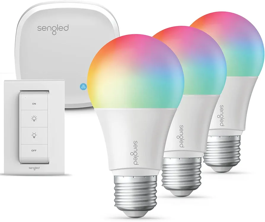 Sengled Color Changing Bulbs That Works with Alexa, Google Home, 3 Pack Starter Kit with Smart Switch, RGB Light A19 E26 Dimmable LED 60W Equivalent, 800LM, 5 Piece Set, White, 3 Count